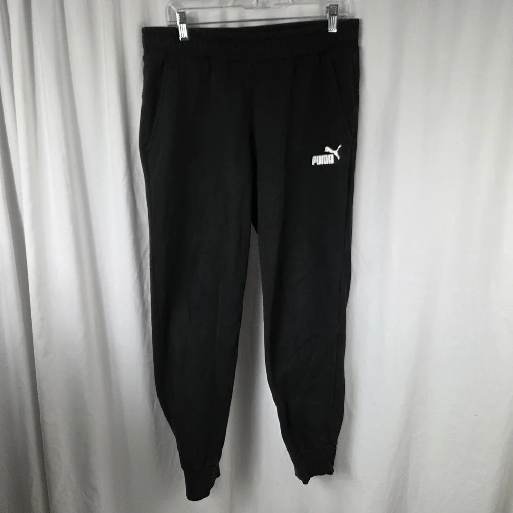 Puma Mens Size Large Drawstring Pull-on Fleece Joggers Black White Logo